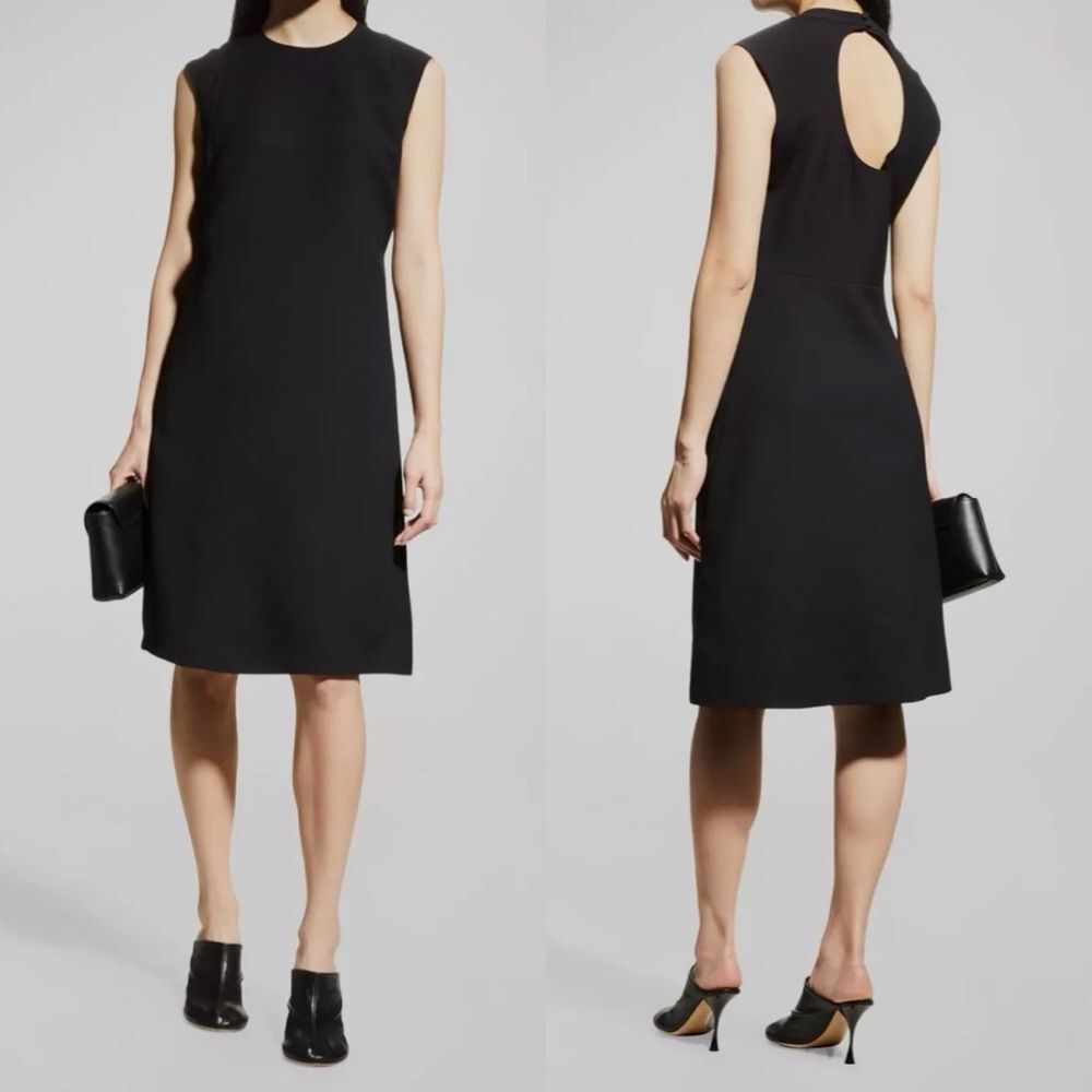 NWT Lafayette 148 Black Sleeveless Shift Dress Wool-Silk Keyhole Back Large LBD